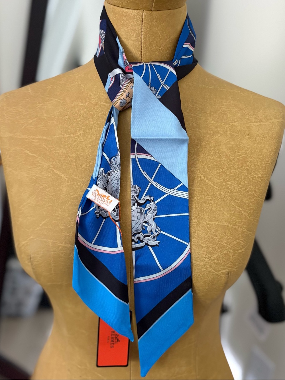 NWT HERMES Blue & Black Silk Neck Scarf with Crest Motif